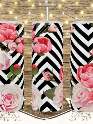 Chevron Black and white Pink Floral Tumbler Design PNG